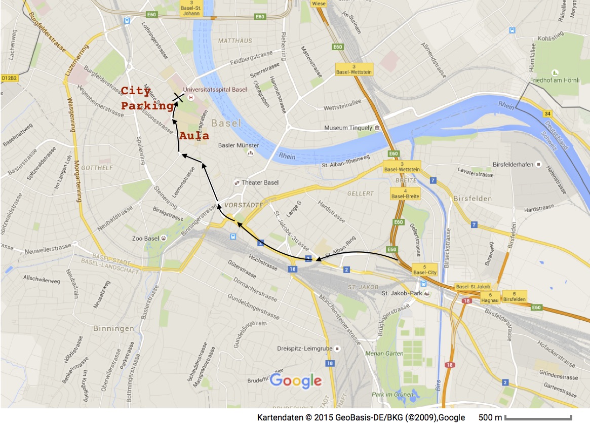 Link: Anfahrt von der Autobahnausfahrt Basel-City zum Parkhaus City (Für einen vergrösserten Ausschnitt auf die Karte klicken.))