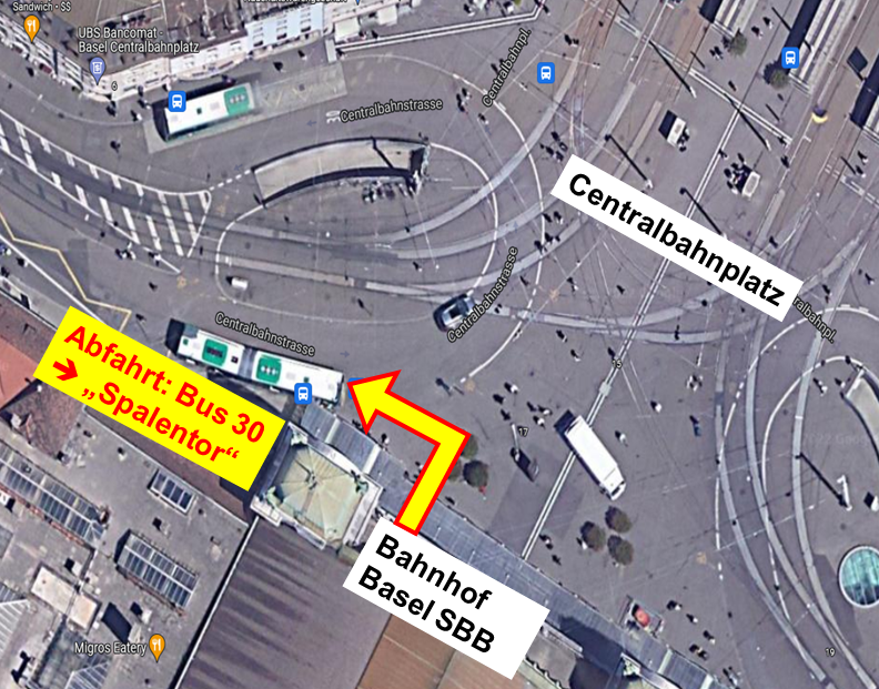 Luftbild (Google Maps): Centralbahnplatz mit Haltestelle Bus 30